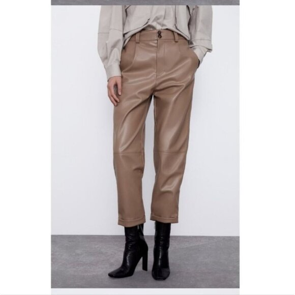 ZARA | Faux Leather Pants Cropped Beige Sz L - Picture 1 of 6